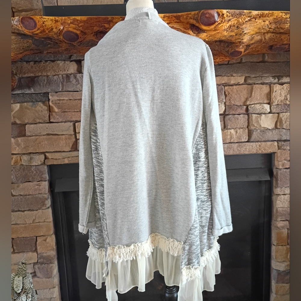 Scrapbook Gray White Cotton Boho Bohemian Open Long Cardigan Sweater - Picture 8 of 16